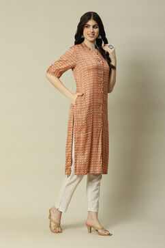 Rust LIVA Straight Printed Kurta image number 3