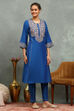 Blue Viscose Blend Embroidered Kalidar Suit Set image number 5