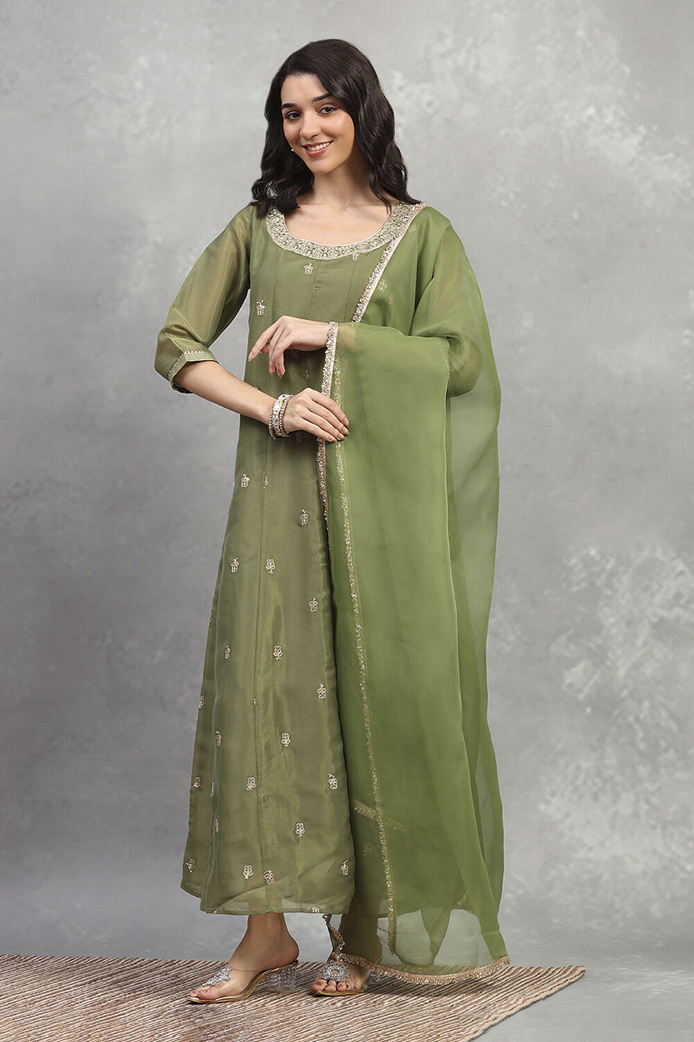 Green Tissue Solid Anarkali Dress image number 5