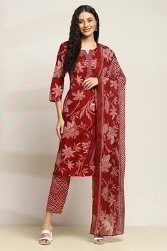 Maroon Cotton Floral Printed Straight Suit Set image number 6