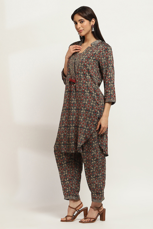 Navy Blue Printed Straight Co-ord Set image number 3