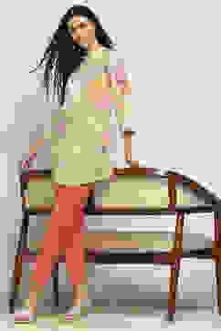 Lime Green Floral Printed Short Kurta image number 0