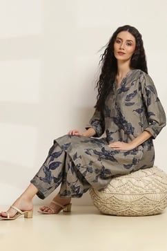 Grey Viscose Blend Printed A-Line Kurta Pants Set image number 0
