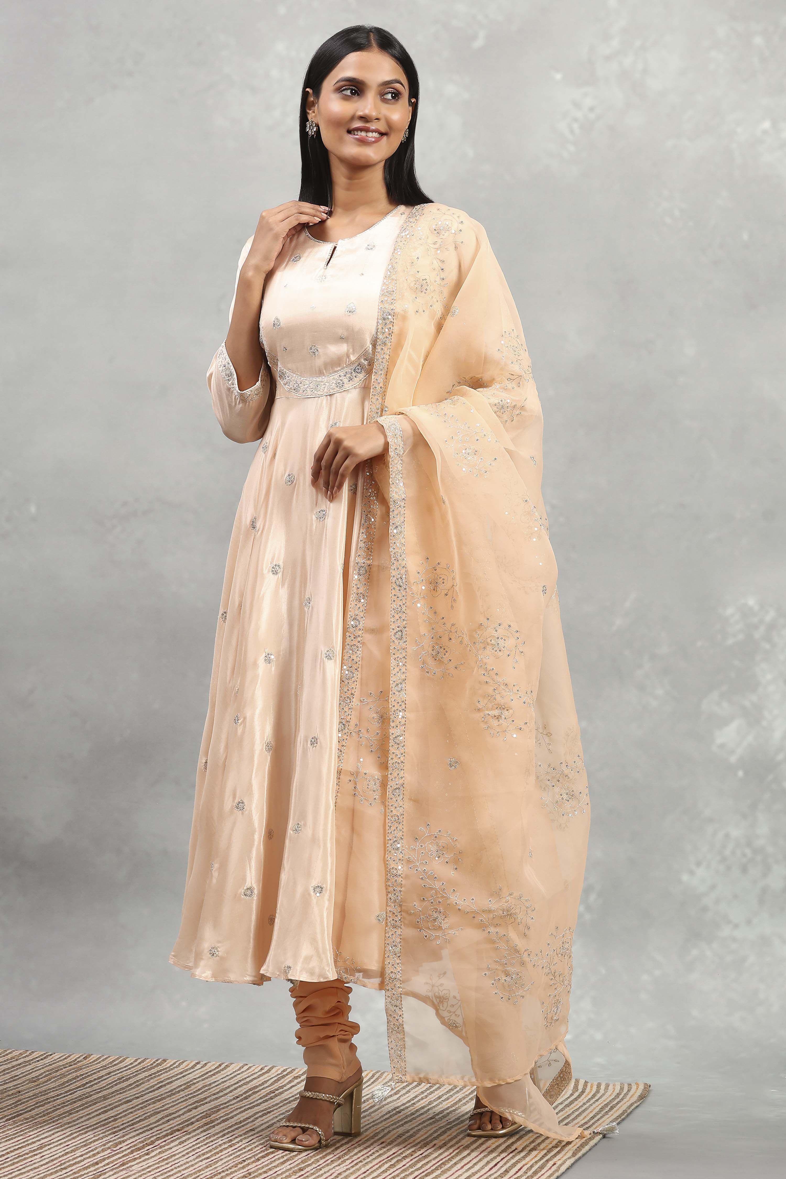 Beige Viscose Rayon Embroidered Anarkali Suit Set image number 0
