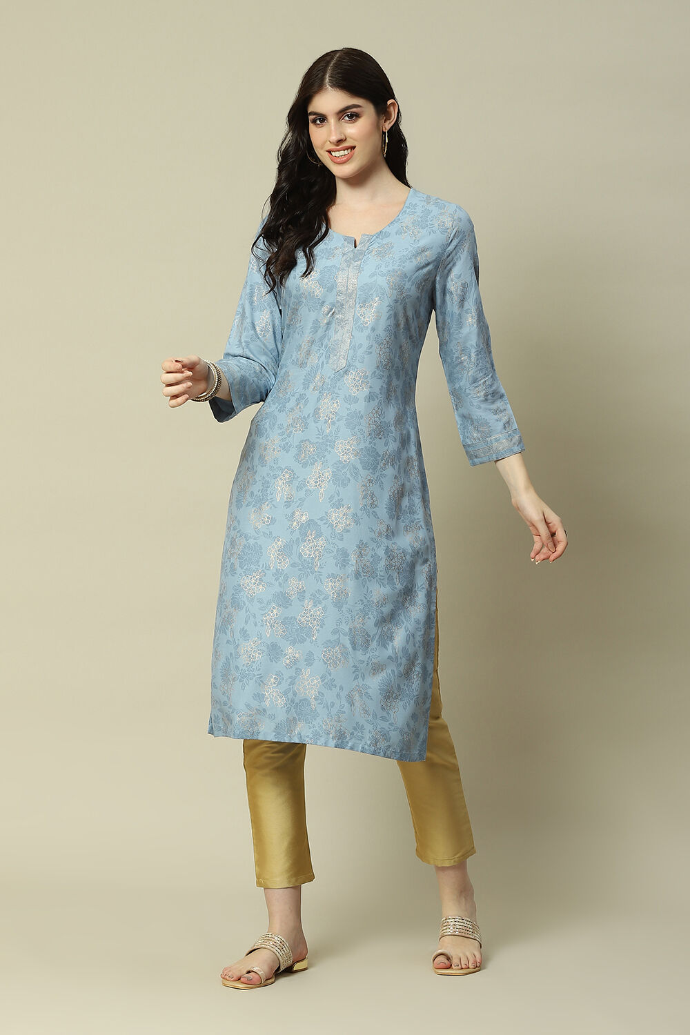 Buy Blue LIVA Straight Printed Kurta 1N by Rangriti
