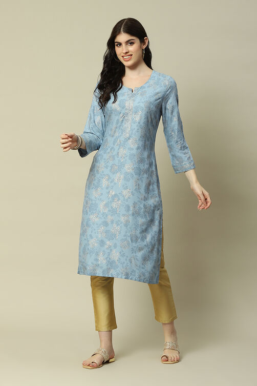 Blue LIVA Straight Printed Kurta image number 0