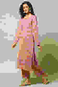 Peach Jacquard Straight Printed Kurta Palazzo Suit Set image number 3