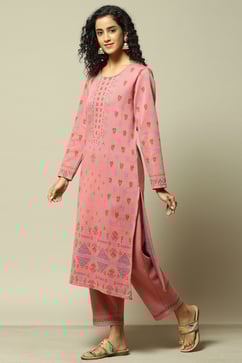 Peach Jacquard Straight Printed Kurta Palazzo Suit Set image number 3