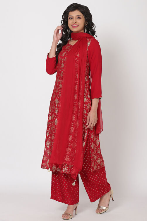 Red Viscose And Rayon Straight Suit Set image number 2