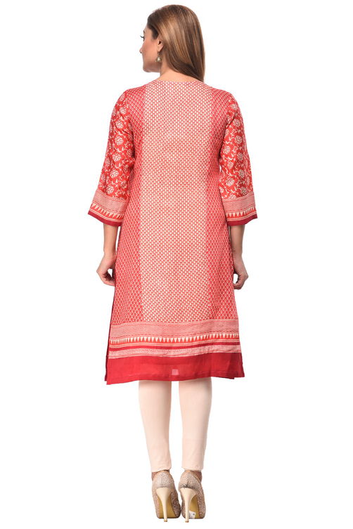 Red Straight Cotton Kurta image number 3