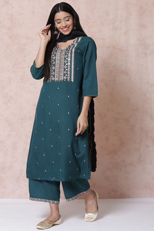 Bottle Green LIVA Straight Kurta image number 3