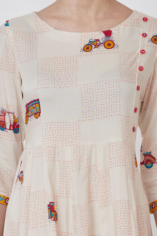 Off White Viscose Rayon Kalidar Dress image number 1