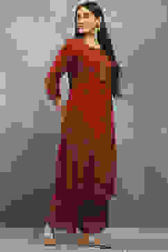 Rust Viscose Straight Kurta Pants Set image number 5