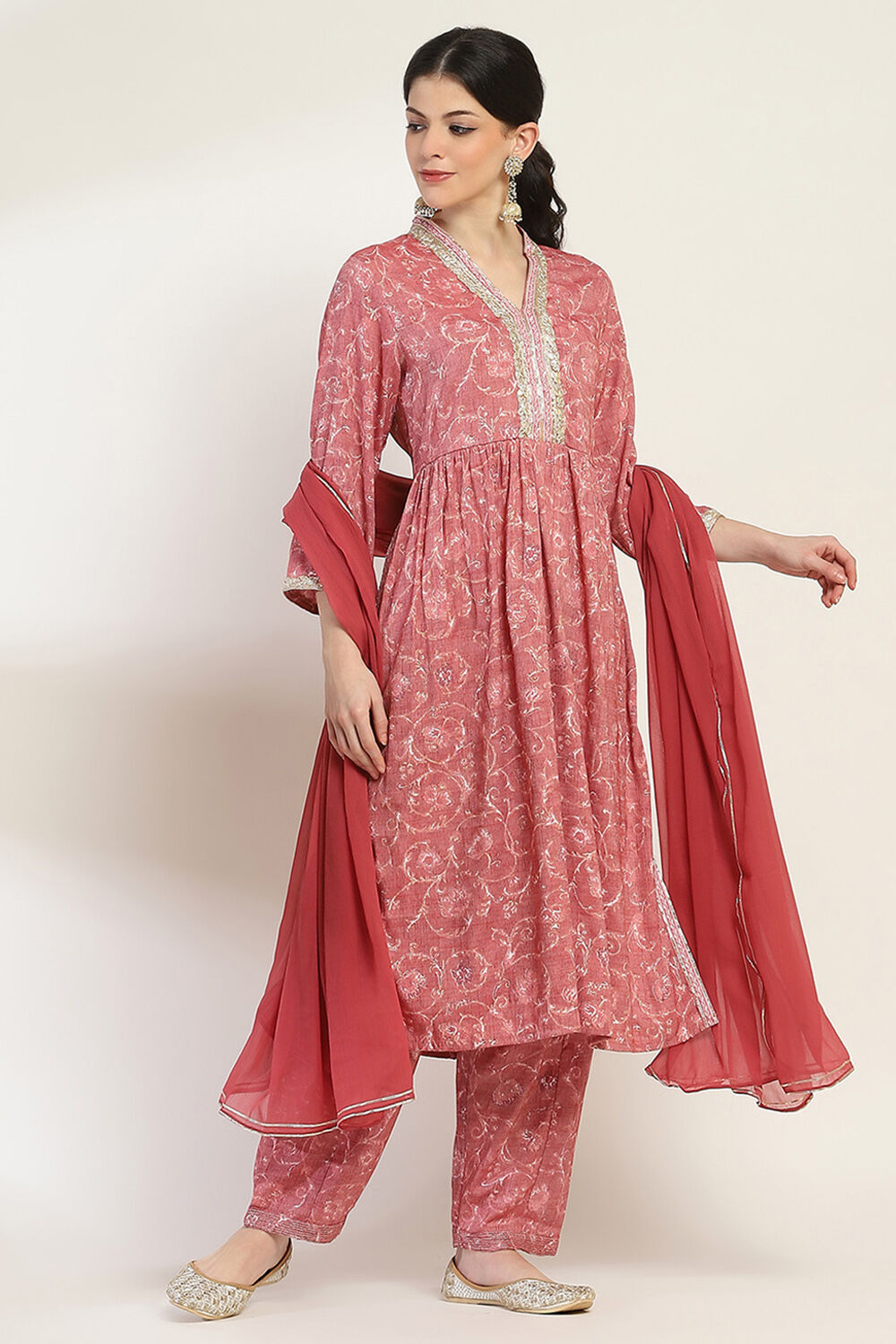 Grey Printed Gathered Suit Set image number 5