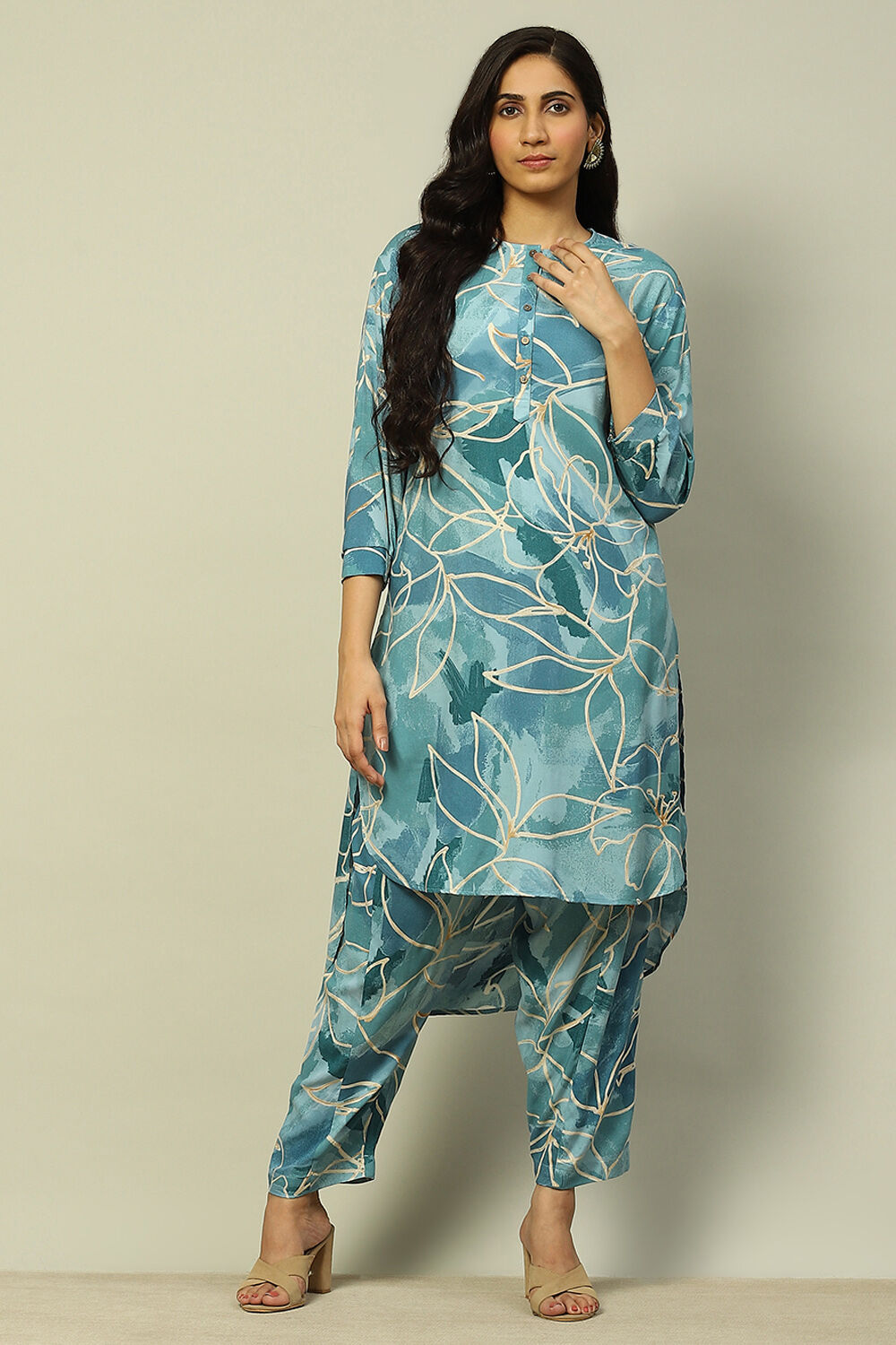 Aqua Blue Floral Printed Straight Co-ord Set image number 0