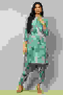 Aqua Blue Floral Printed Straight Co-ord Set image number 0