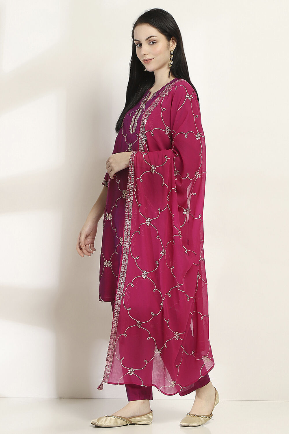 Purple Embroidered Straight Suit Set image number 3