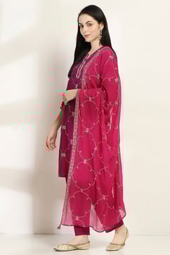 Purple Embroidered Straight Suit Set image number 3