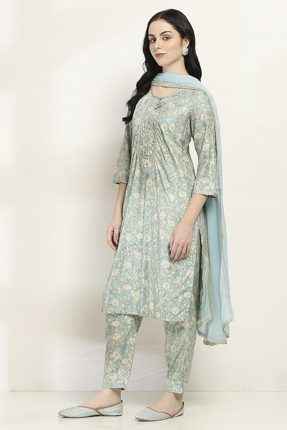 Ice Blue Printed Straight Suit Set image number 3