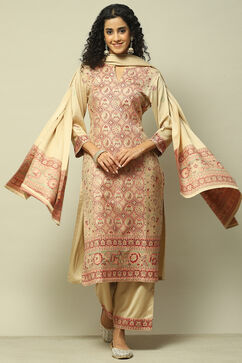 Ecru Poly Viscose Straight Printed Kurta Palazzo Suit Set image number 0