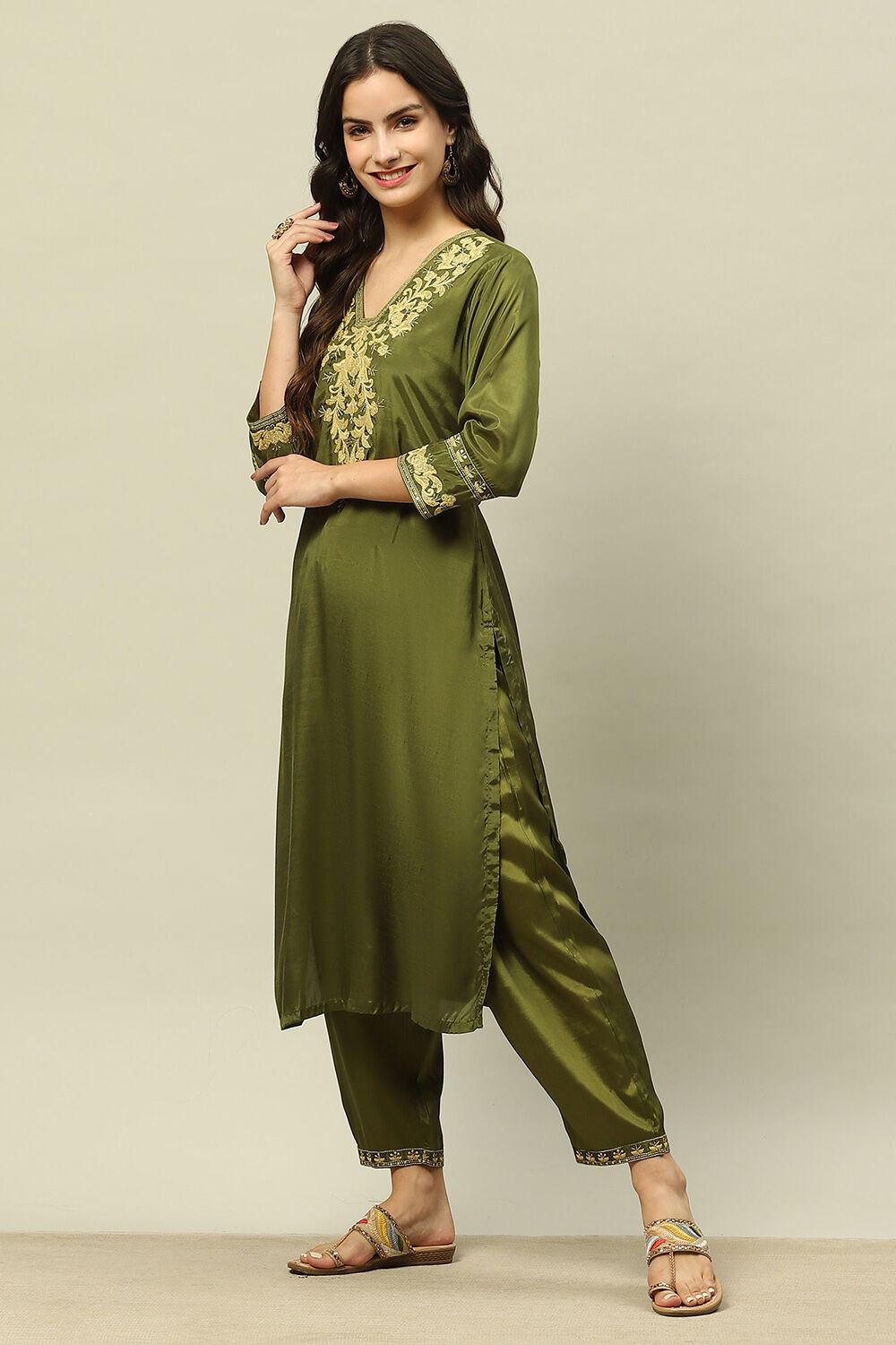 Green Viscose Shantoon Straight Palazzos image number 0