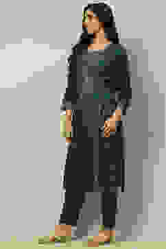 Dark Green Liva Printed Straight Festive Kurta Set image number 3