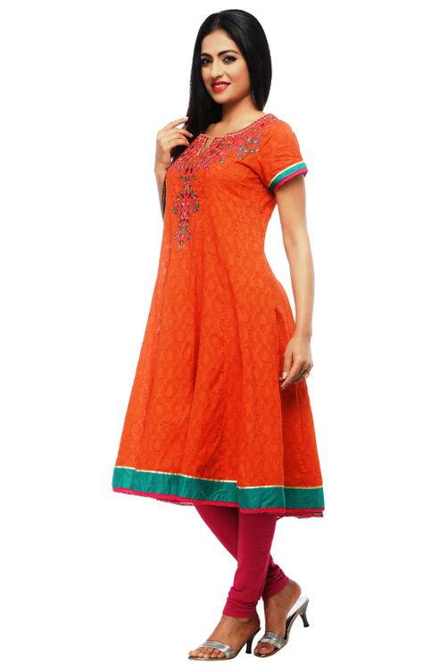 Orange Cotton Anarkali Kurta image number 1