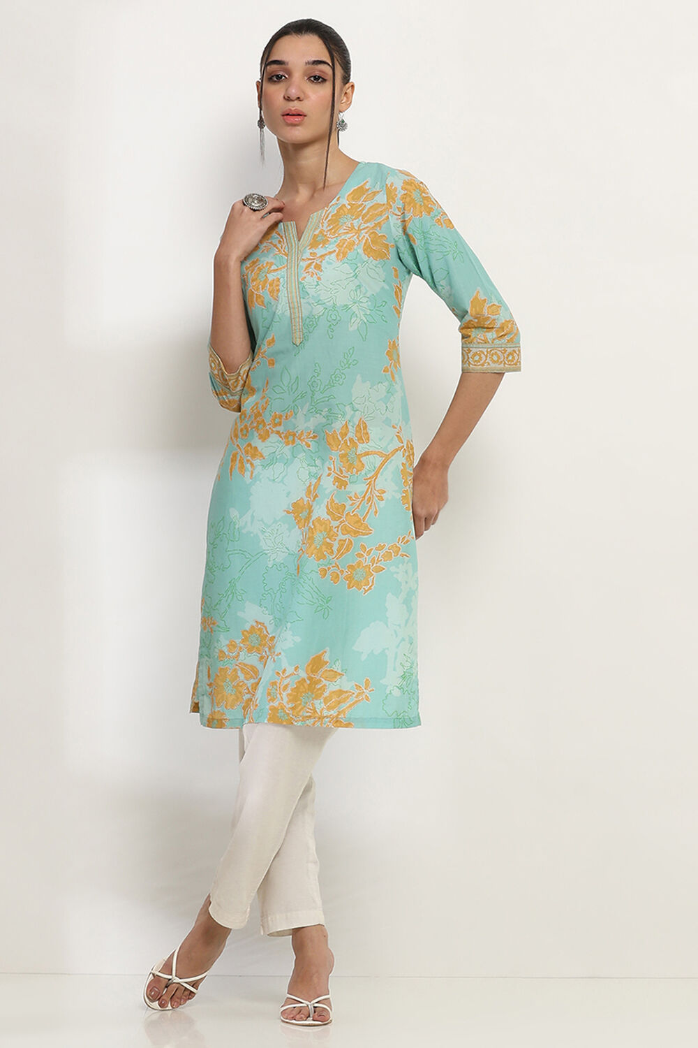 Aqua Cotton Printed Straight Kurta image number 5