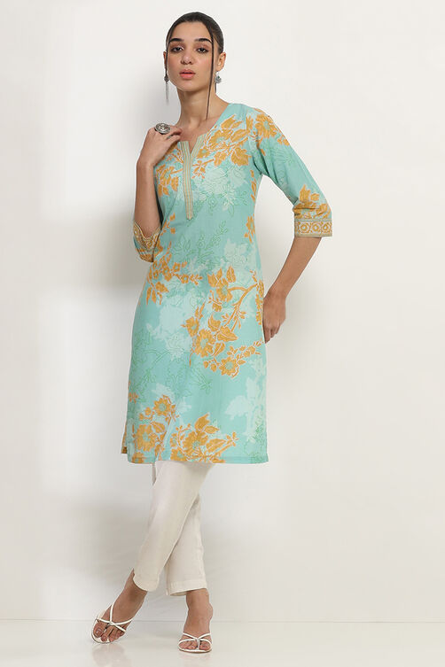 Aqua Cotton Straight Kurta image number 5