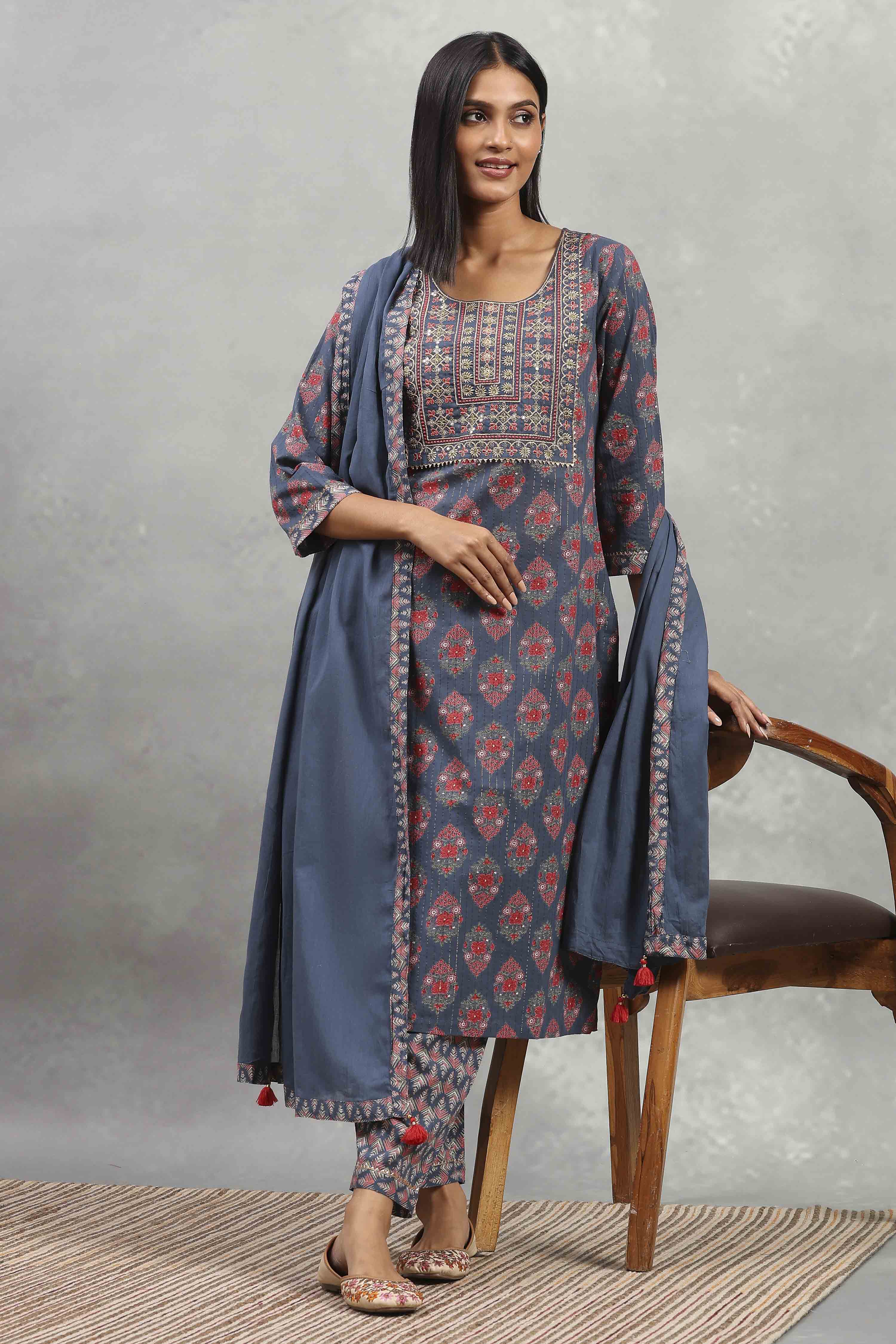 Indigo Cotton Printed Straight Suit Set image number 0