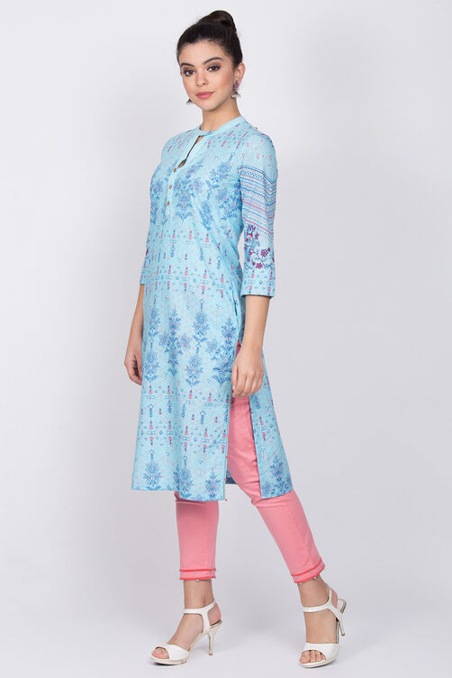 Sky Blue Cotton Straight Kurta image number 2