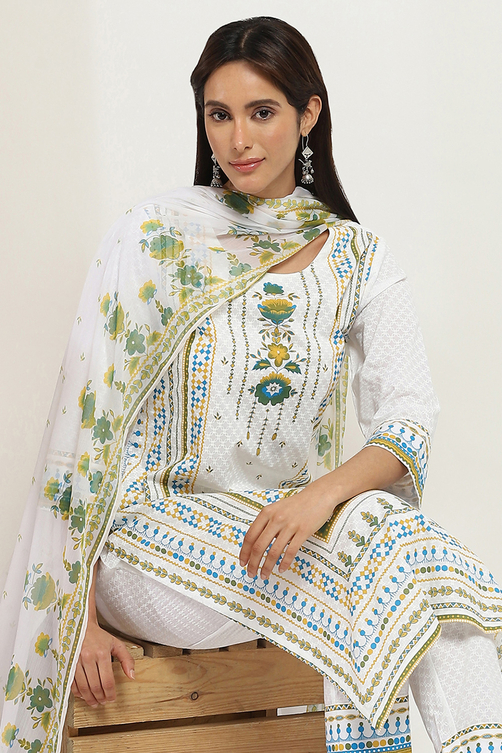 White Cotton Printed Straight Suit Set image number 1