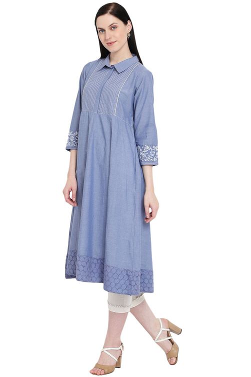 Light-Blue Chambray Kalidar Kurta image number 2