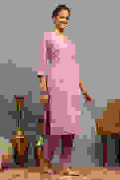 Lavender Viscose Blend Printed Straight Kurta Pants Set image number 3