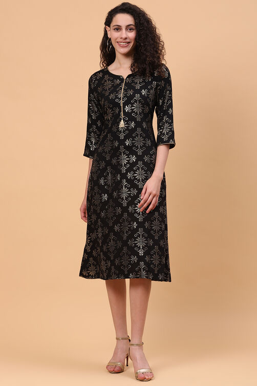 Black LIVA A Line Kurta Dress image number 0