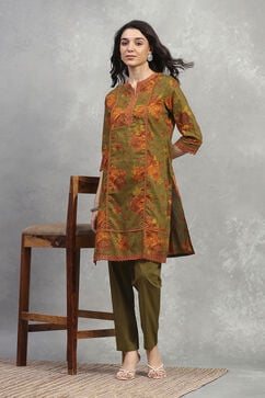 Green Cotton Printed Straight Kurta Pants Set image number 0