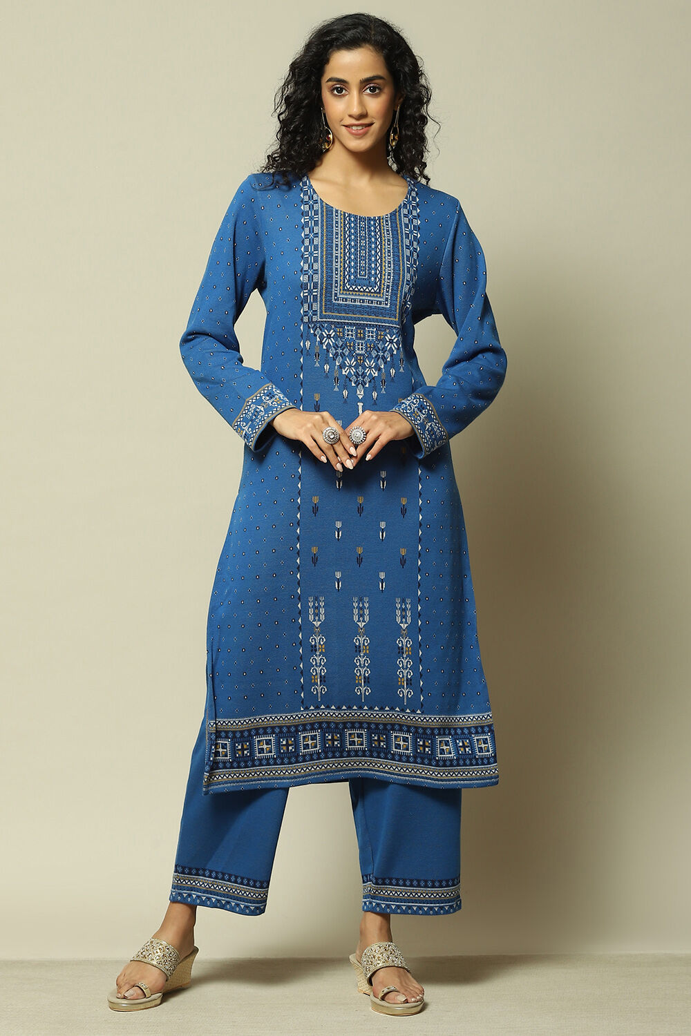 Cobalt Cotton Blend Straight Printed Kurta Palazzo Suit Set image number 6