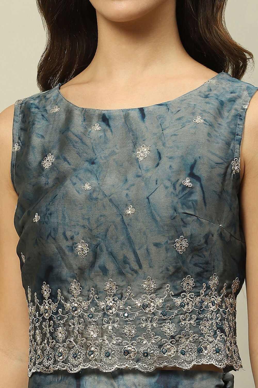 Blue Poly Georgette Straight Printed Crop Top Skirt Set image number 1