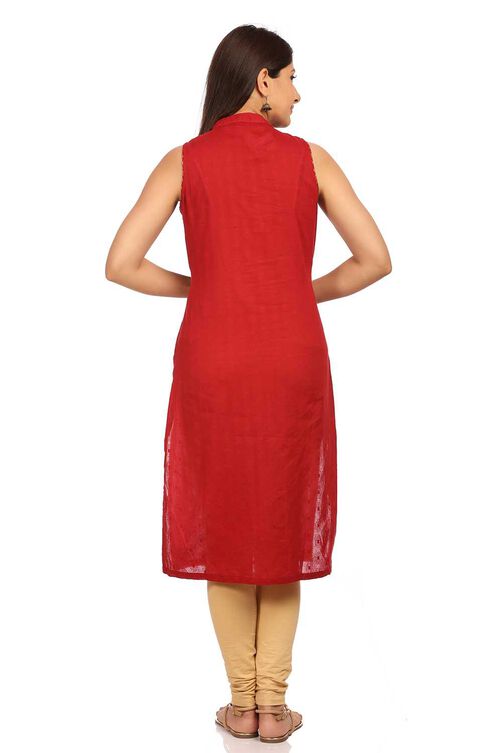 Red Straight Cotton Kurta image number 3