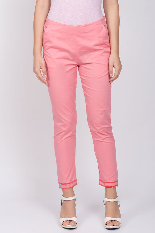 Peach Poly Lycra Slim Pants image number 0