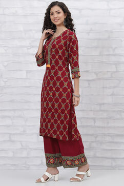 Maroon LIVA Printed Kurta Pants Set image number 3