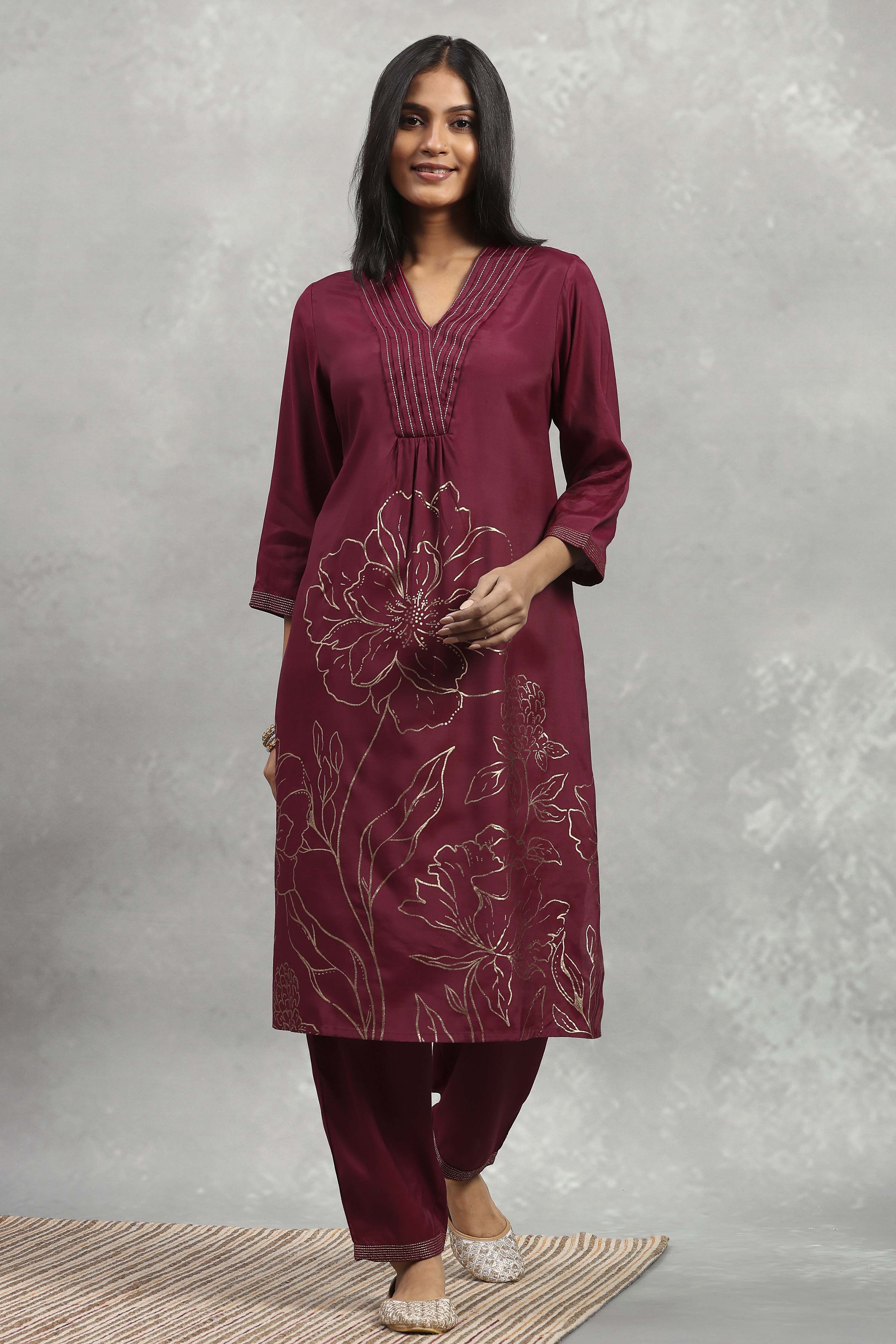 Purple Viscose Rayon Printed A-Line Kurta Pants Set image number 6