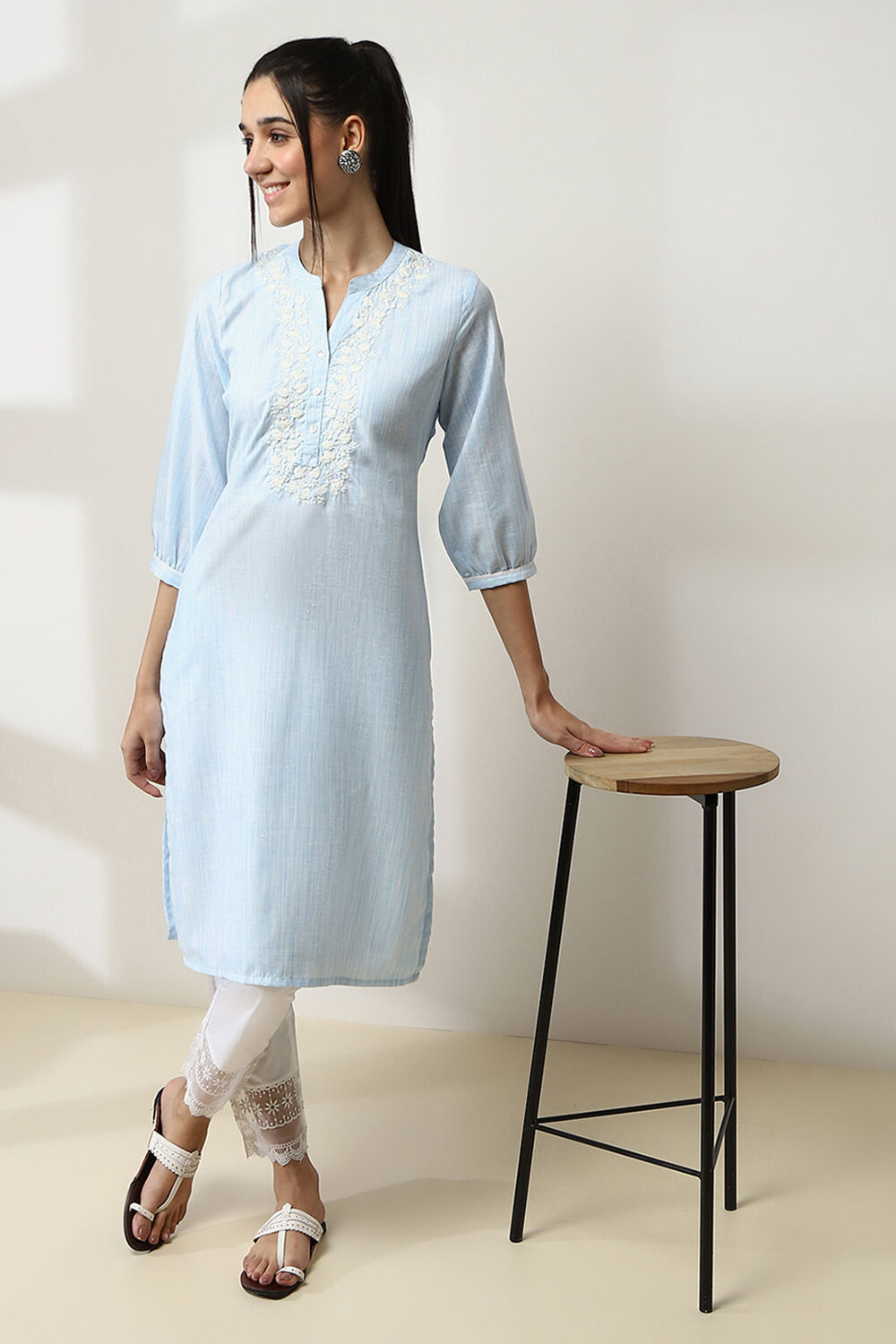 Blue Cotton Yarn-Dyed Straight Kurta image number 0