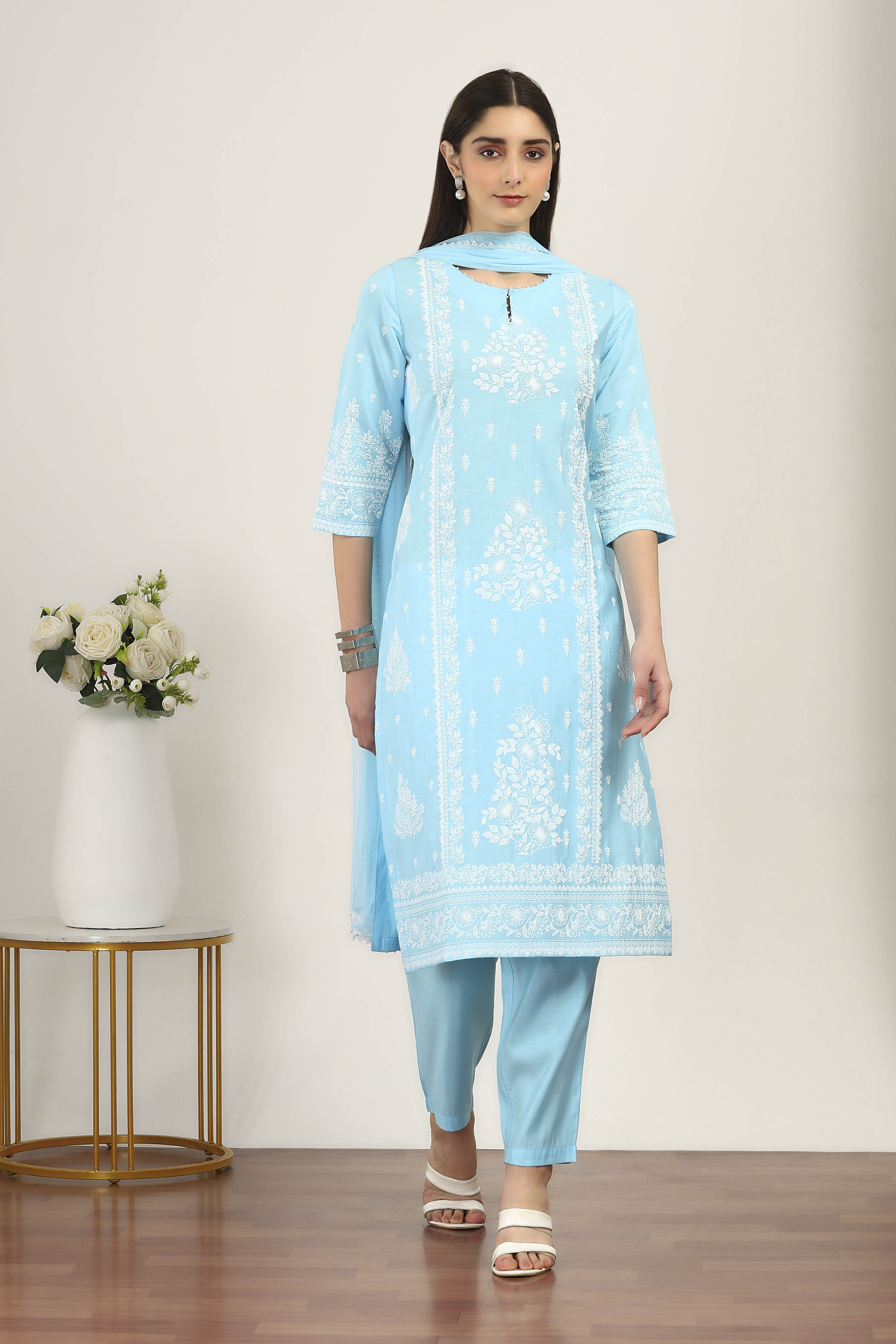 Yellow Viscose Polyester Straight Suit Sets image number 6