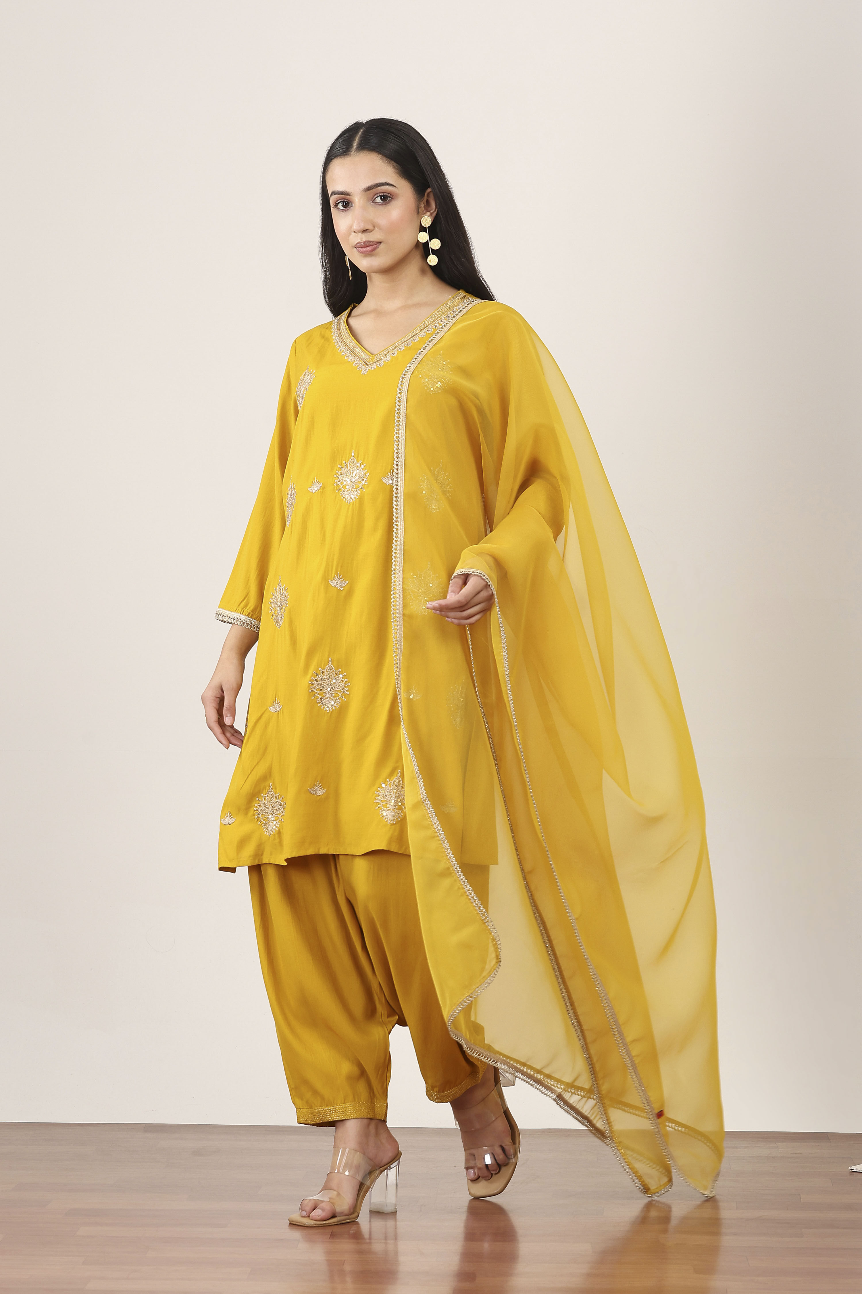 Yellow Viscose Polyester Straight Suit Sets image number 3