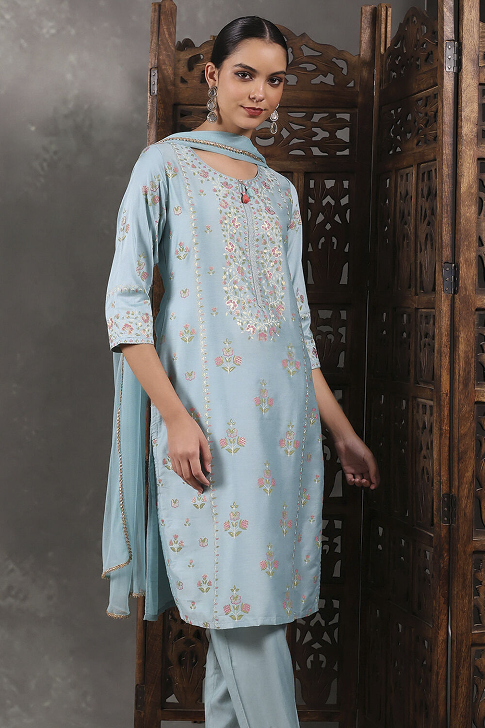Aqua Viscose Blend Printed Straight Suit Set image number 0
