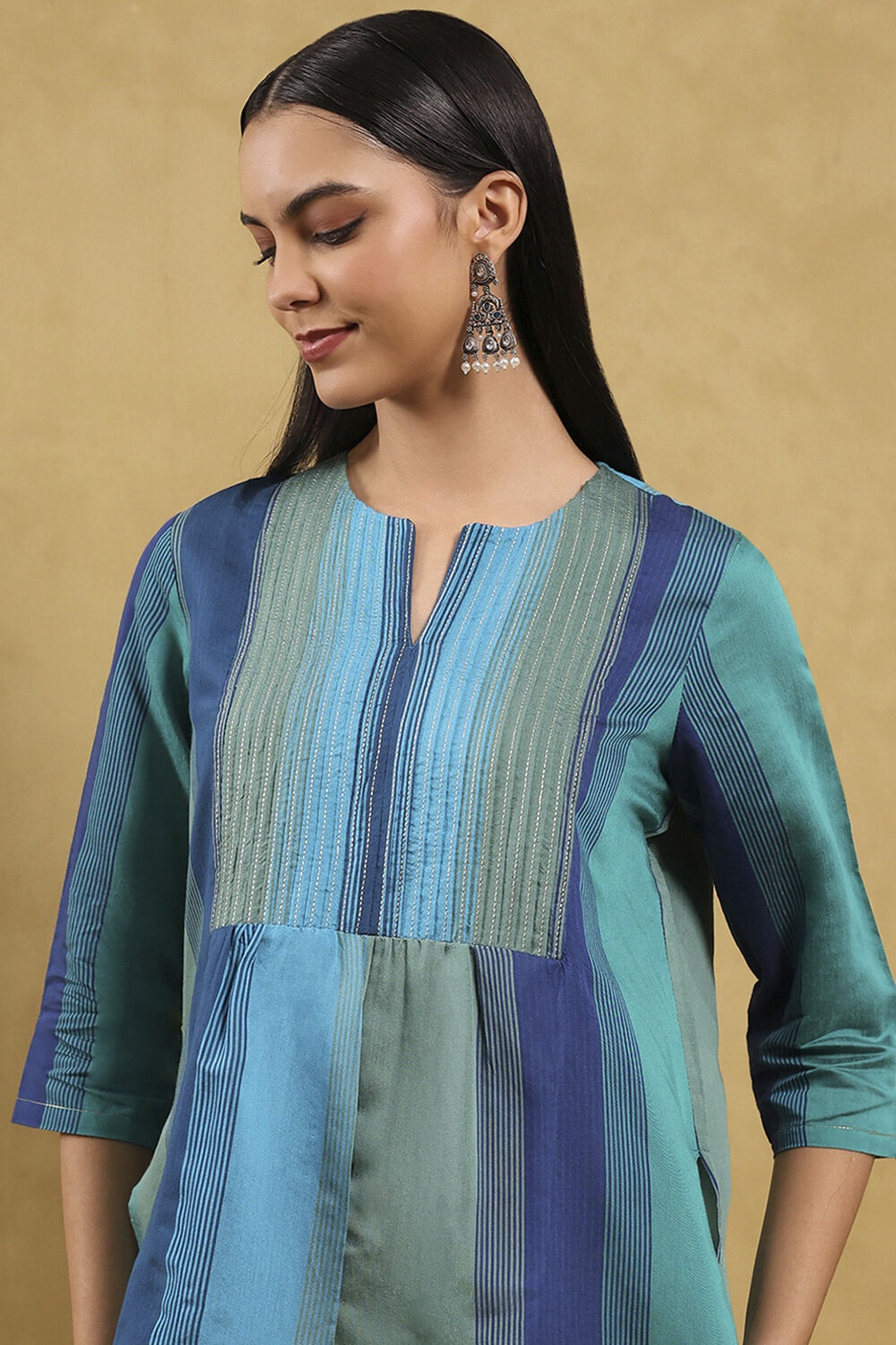 Blue Viscose Blend Solid Tiered Top image number 1