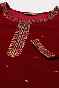 Maroon Velvet Straight Suit Set image number 1