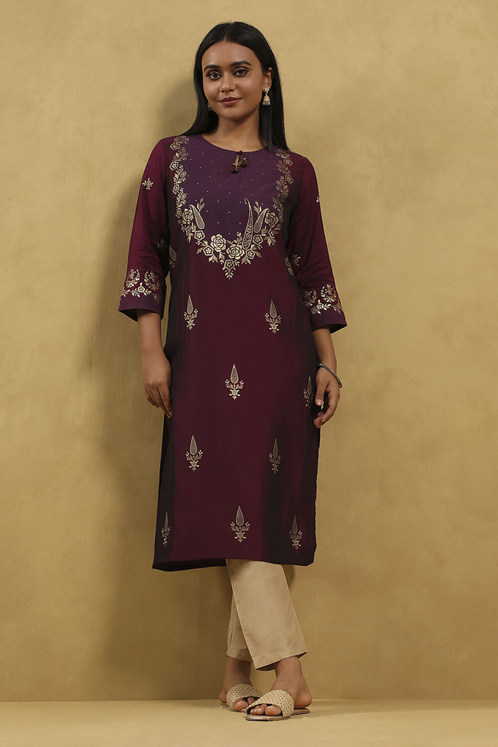 Wine Art Silk Printed Straight Kurta image number 0