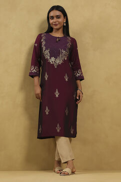 Wine Polyester Blend Printed Straight Kurta image number 0